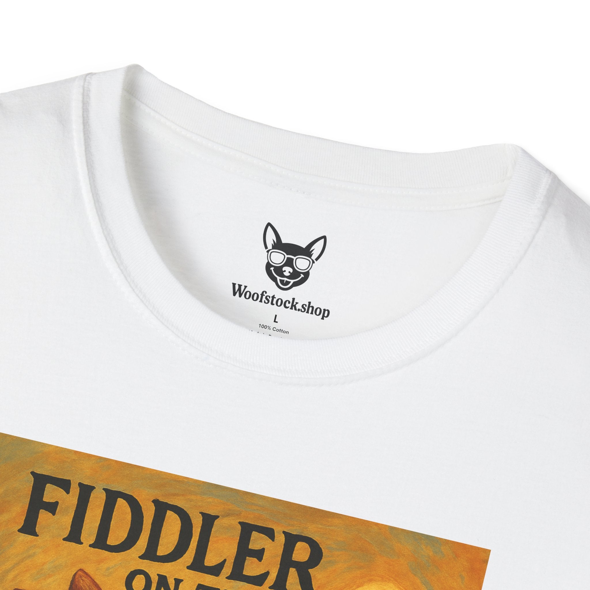 Fiddler on the Woof Broadway Poster Dog Parody Unisex Softstyle T-Shirt -- Funny Broadway Movie Tee for Theater and Dog Lovers